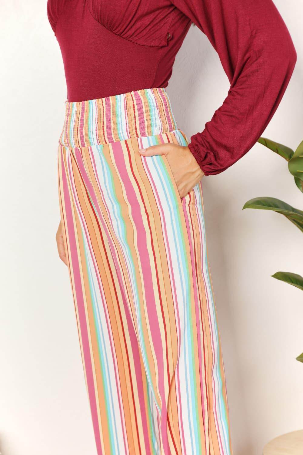 Double Take Striped Smocked Waist Pants with Pockets Stylish - Selvanelle