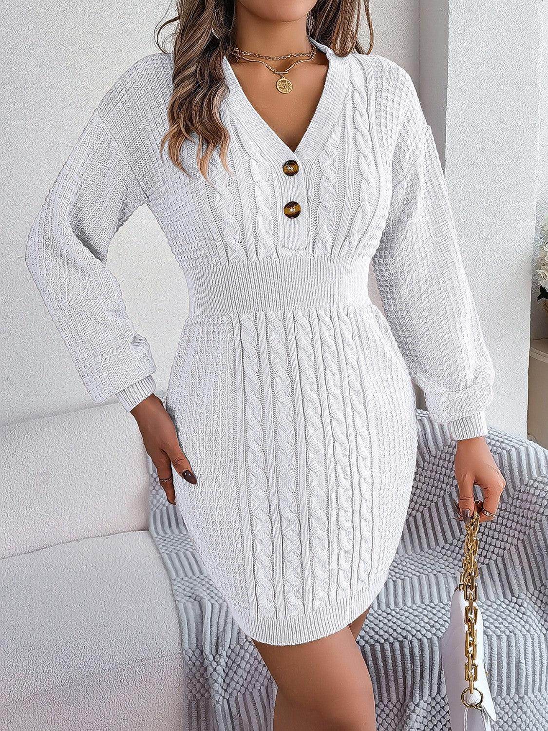 Buttoned Cable-Knit V-Neck Sweater Dress for Women - Selvanelle