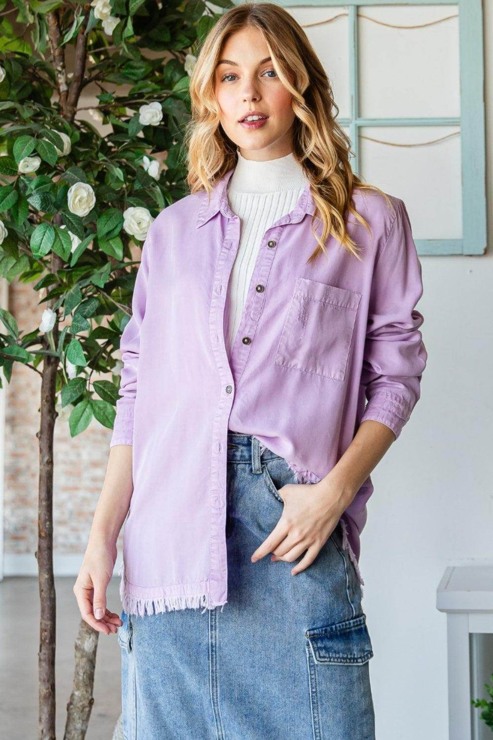 Veveret Raw Hem Button Up Long Sleeve Shirt for Women - Selvanelle