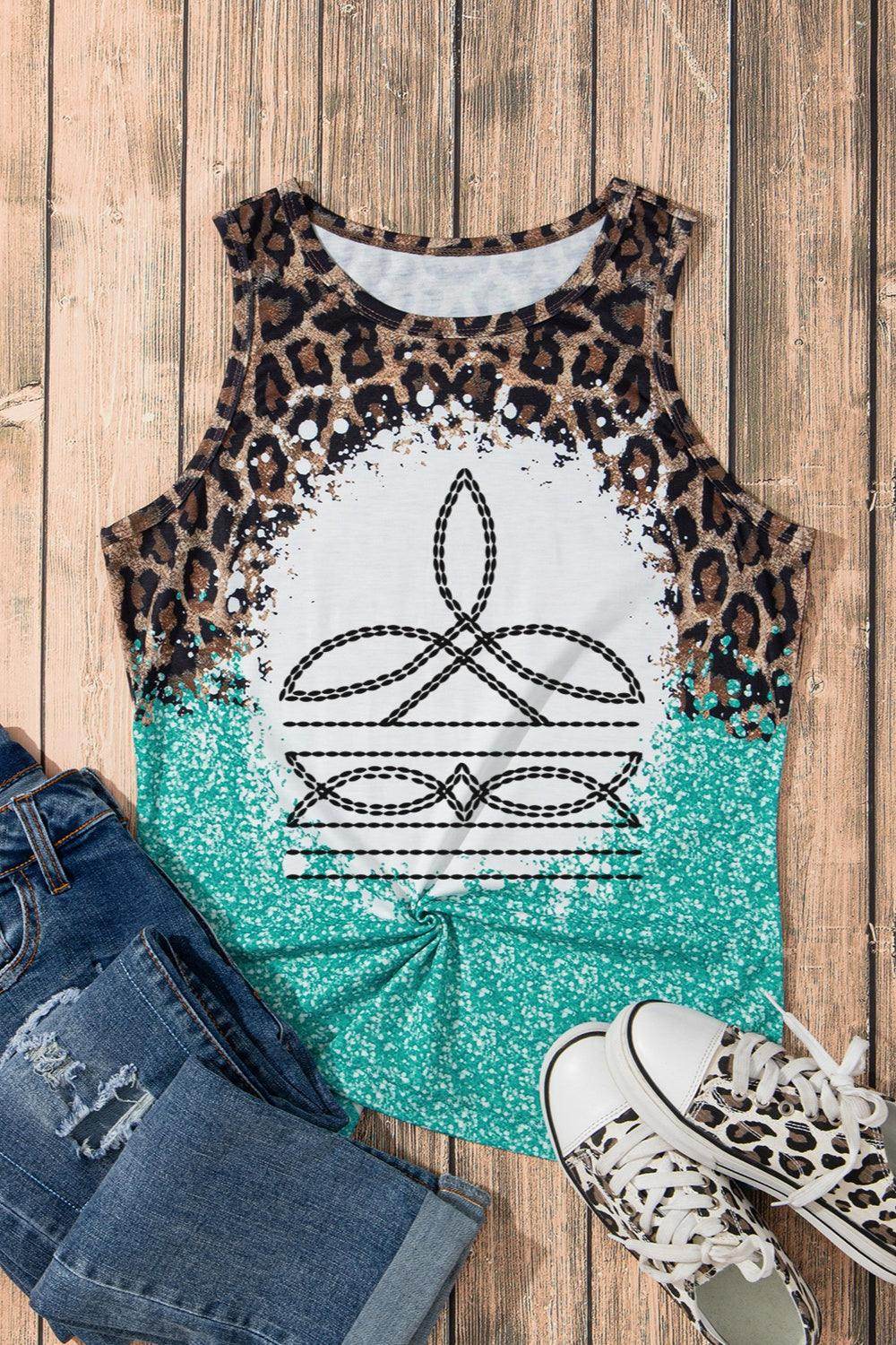 Leopard Geometric Round Neck Tank for Casual Elegance - Selvanelle