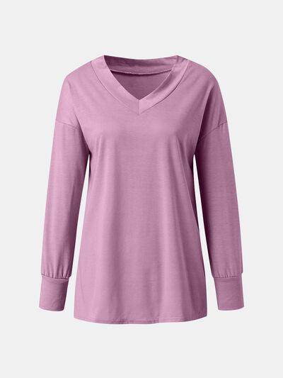 Full Size V-Neck Long Sleeve T-Shirt for Women Casual Wear - Selvanelle