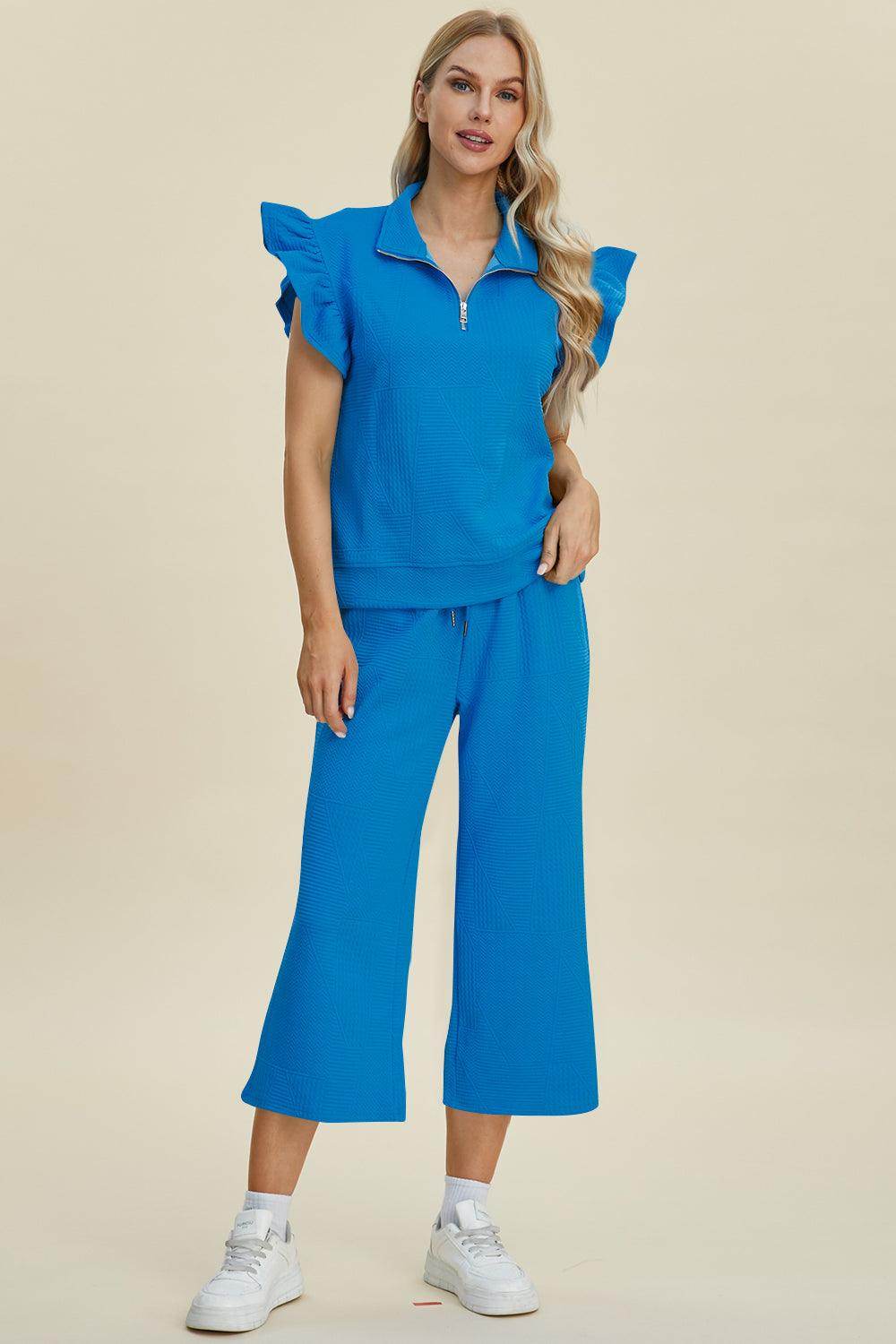 Double Take Full Size Texture Ruffle Top and Pants Set - Selvanelle