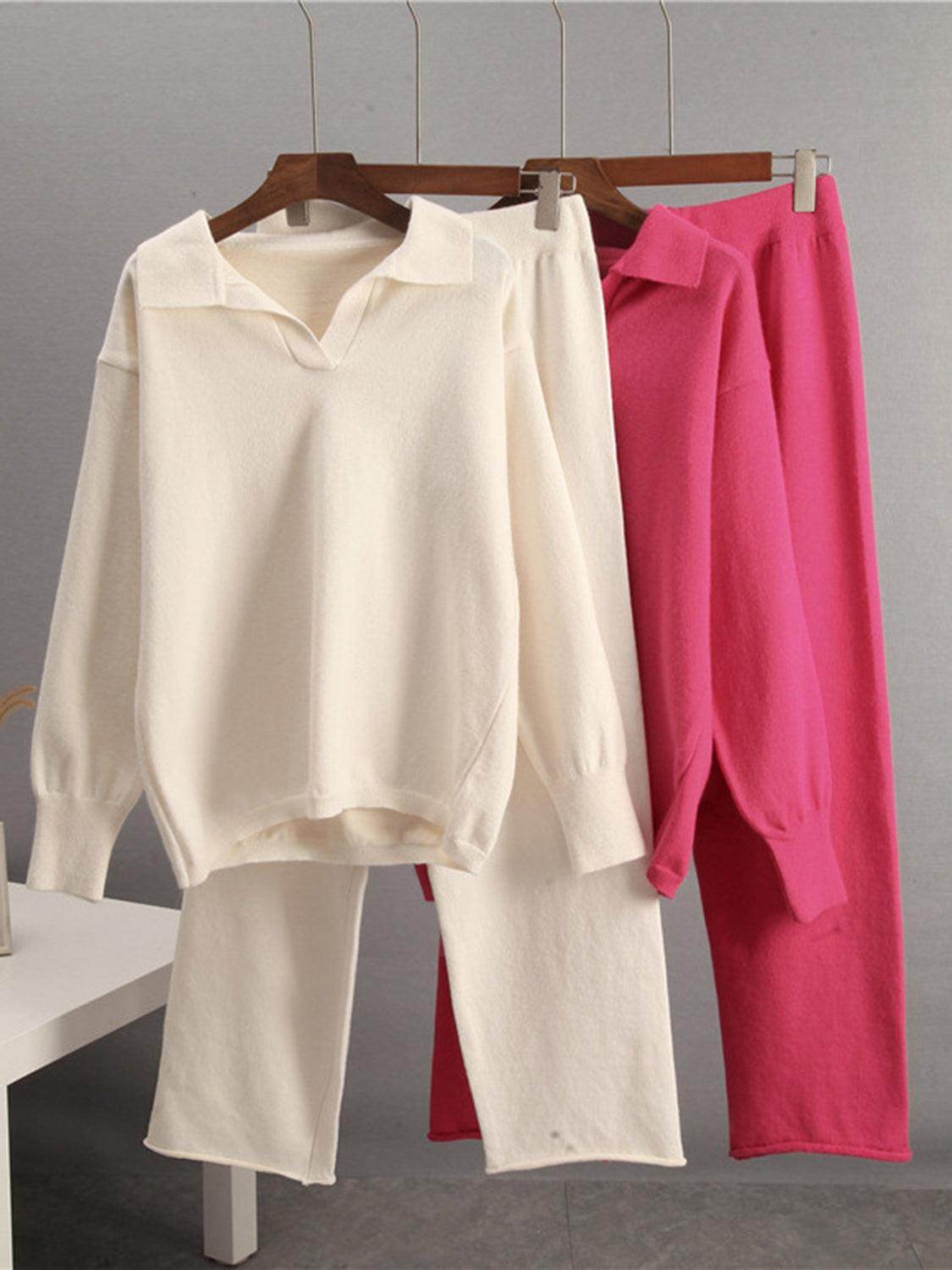 Johnny Collar Long Sleeve Top and Pants Sweater Set Women - Selvanelle