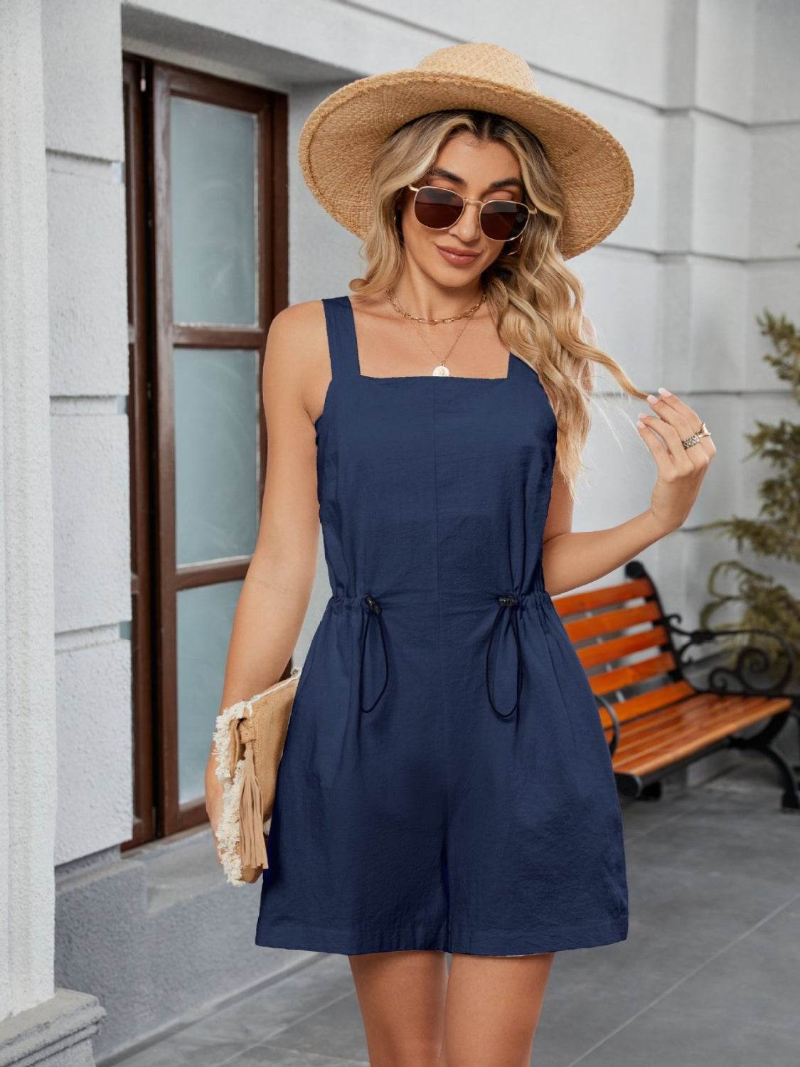 Drawstring Wide Strap Romper with Pockets - Selvanelle
