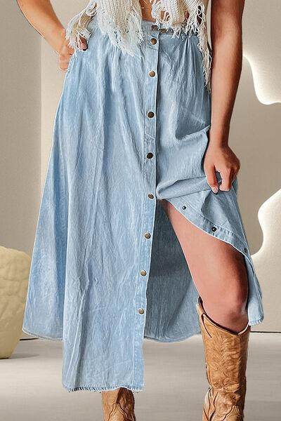 Snap Down High Waist Denim Skirt for Effortless Style - Selvanelle