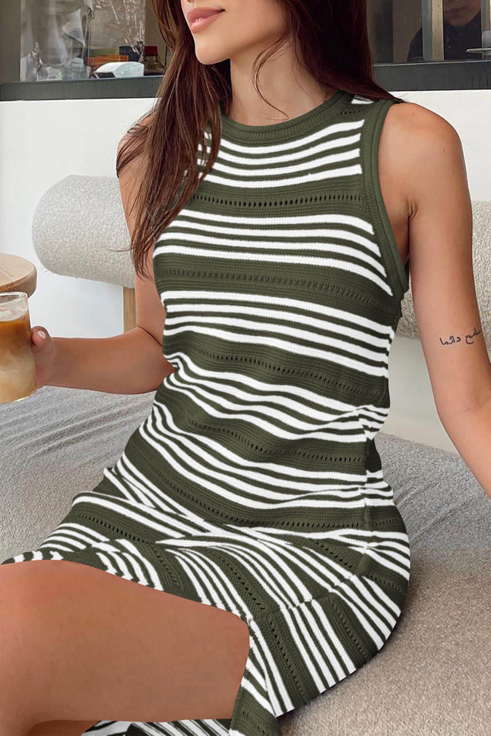 Slit Striped Round Neck Sleeveless Midi Dress for Women - Selvanelle