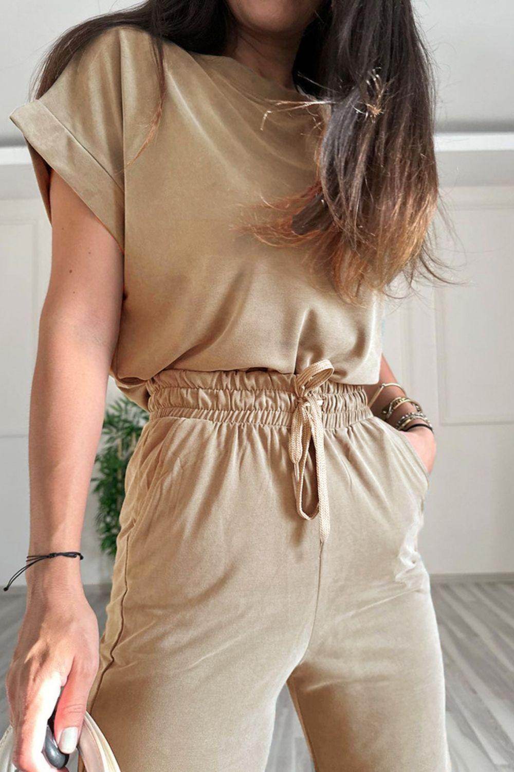 Round Neck Short Sleeve Top and Drawstring Pants Set for Women - Selvanelle