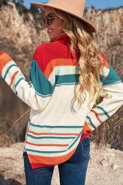 Contrast Striped Turtleneck Dropped Shoulder Sweater for Women - Selvanelle
