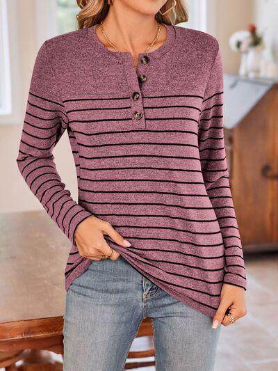 Lovelet Quarter Button Striped Round Neck Long Sleeve T-Shirt - Selvanelle