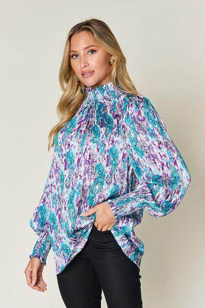 Double Take Full Size Printed Smocked Long Sleeve Blouse - Selvanelle