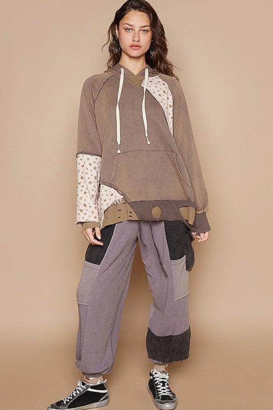 POL Floral Patchwork Distressed Drawstring Hoodie for Women - Selvanelle