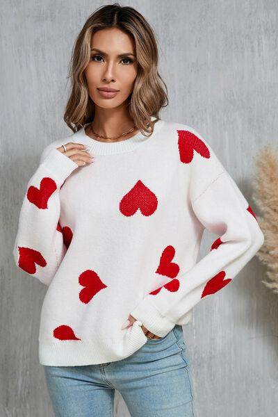 Angel Wings Heart Round Neck Dropped Shoulder Sweater for Women - Selvanelle