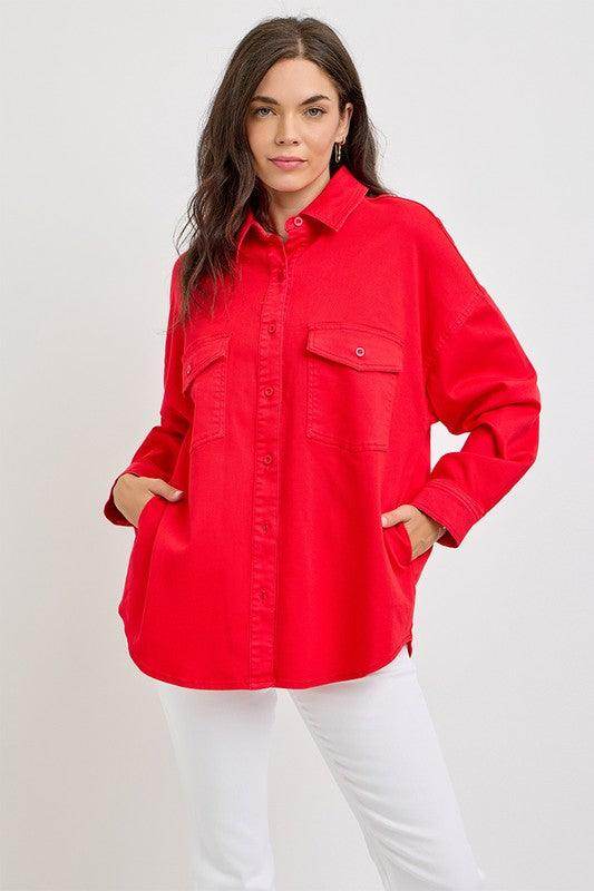 RISEN Button Down Long Sleeve Denim Shacket with Chest Pockets - Selvanelle