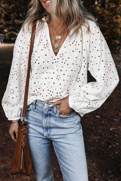 Eyelet V-Neck Long Sleeve Blouse for Stylish Comfort - Selvanelle