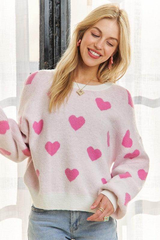 ADORA Heart Round Neck Drop Shoulder Sweater for Women - Selvanelle