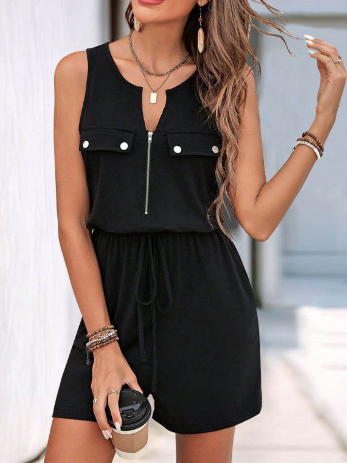 Perfee Drawstring Half Zip Sleeveless Romper - Selvanelle
