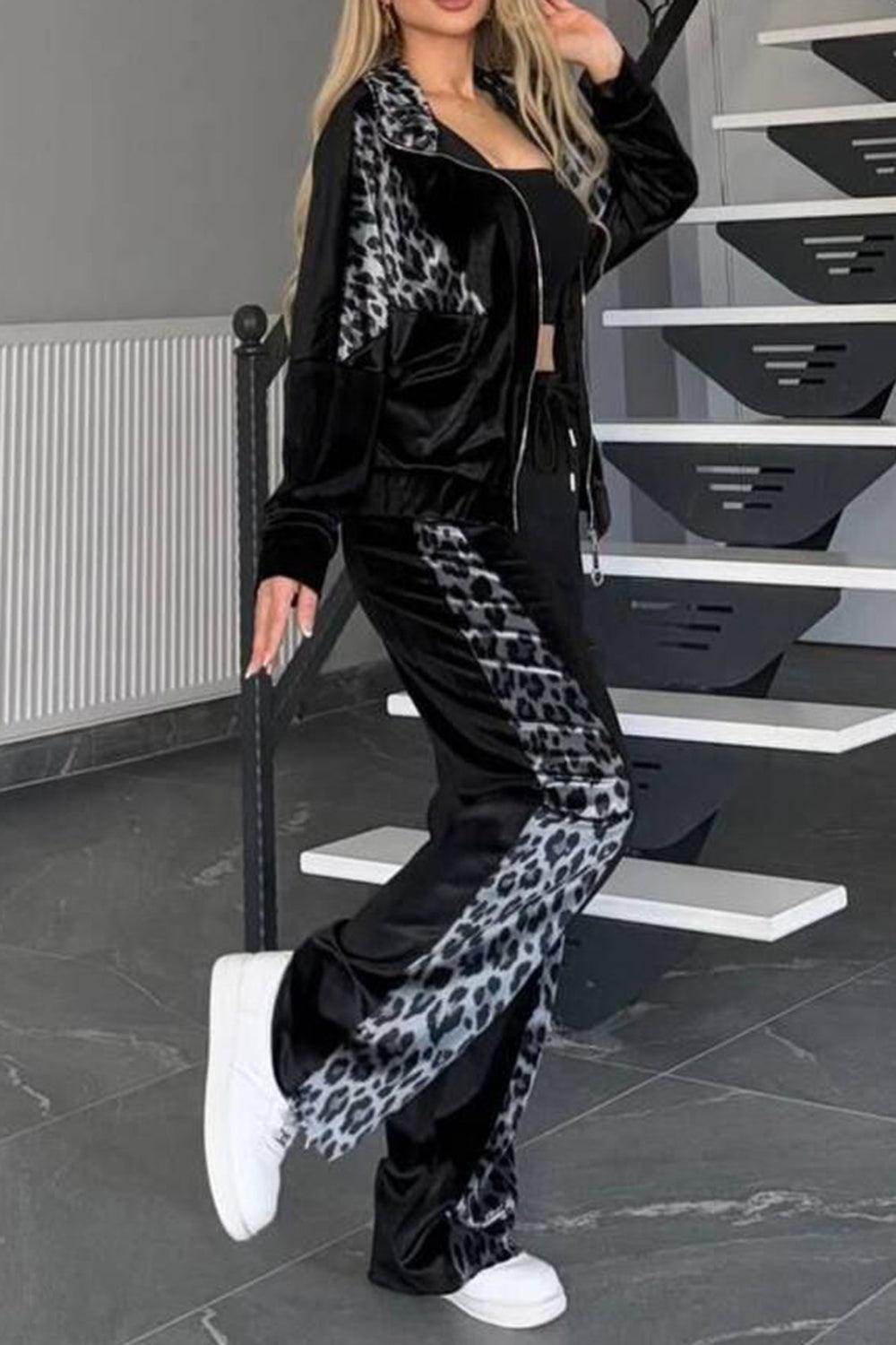 Full Size Collared Neck Leopard Zip Up Top and Pants Set Plus Size - Selvanelle