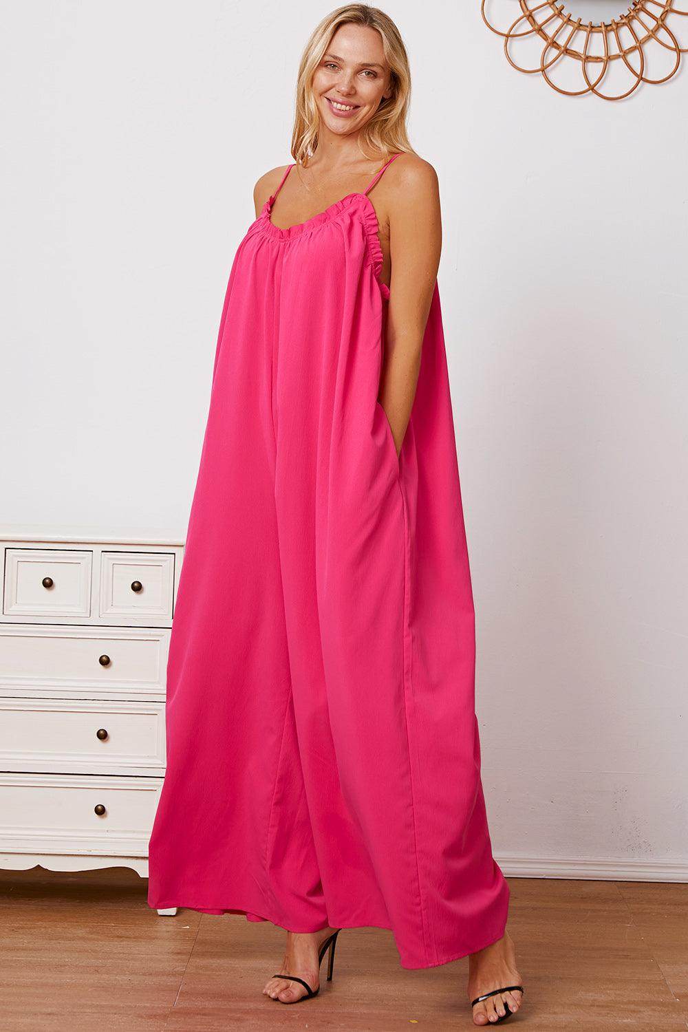 Double Take Full Size Ruffle Trim Tie Back Cami Jumpsuit - Selvanelle