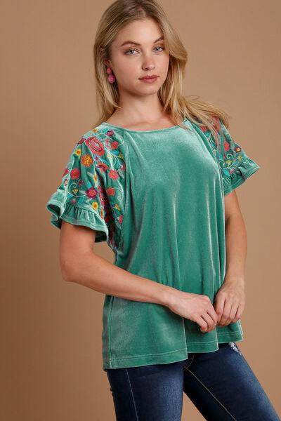 Umgee Velvet Embroidery Short Sleeve Blouse for Women - Selvanelle