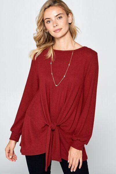 Super Lady Full Size Round Neck Knot Front Hacci Blouse - Selvanelle