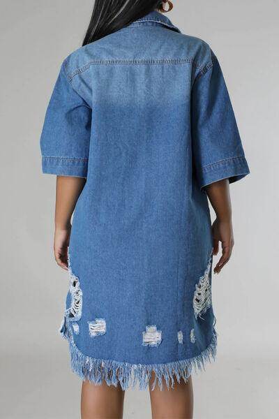 Distressed Raw Hem Button Up Denim Dress for Women - Selvanelle