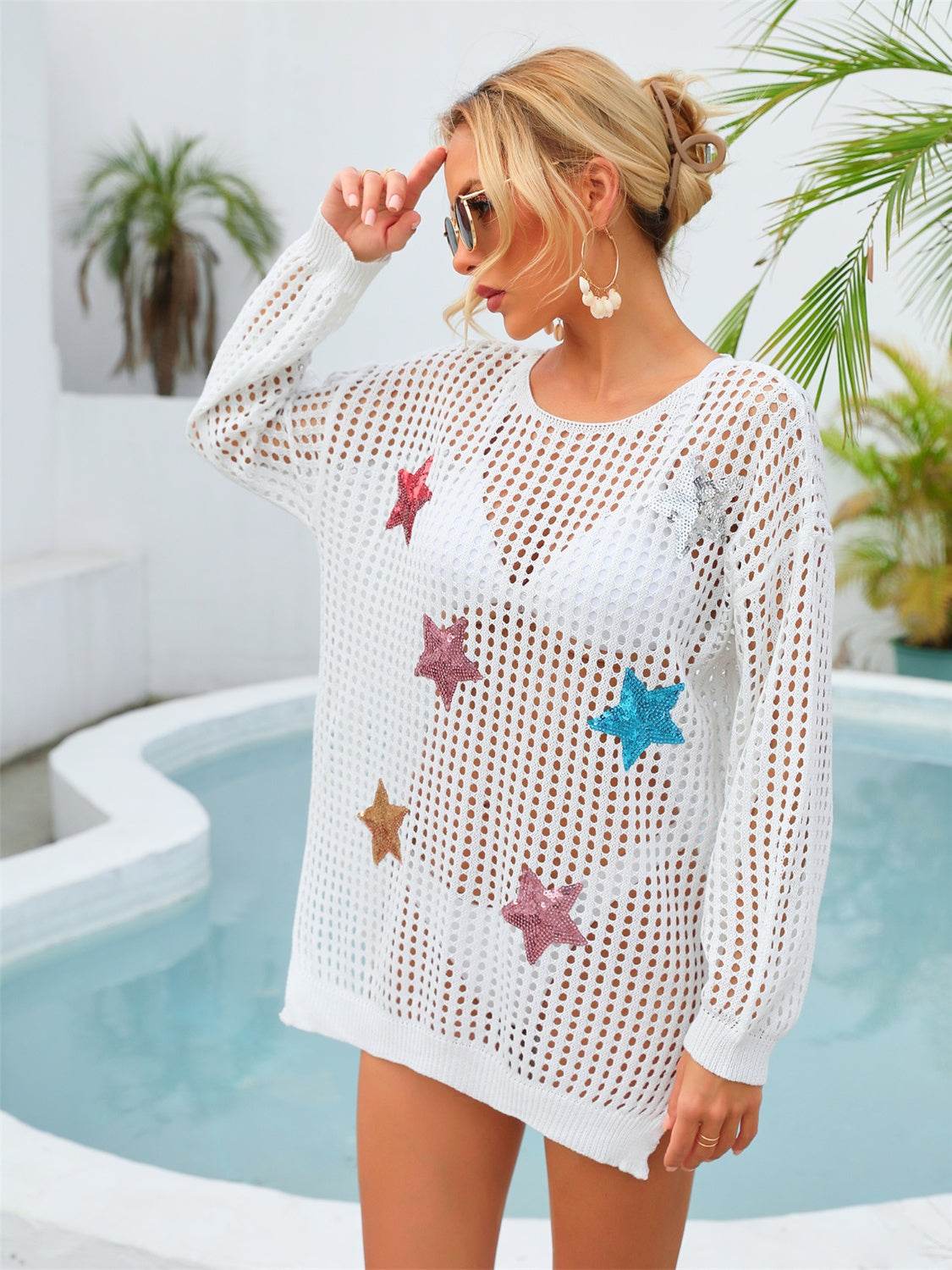 Angel Wings Sequin Star Round Neck Long Sleeve Cover Up - Selvanelle