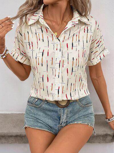 Perfee Printed Collared Neck Short Sleeve Shirt for Women - Selvanelle