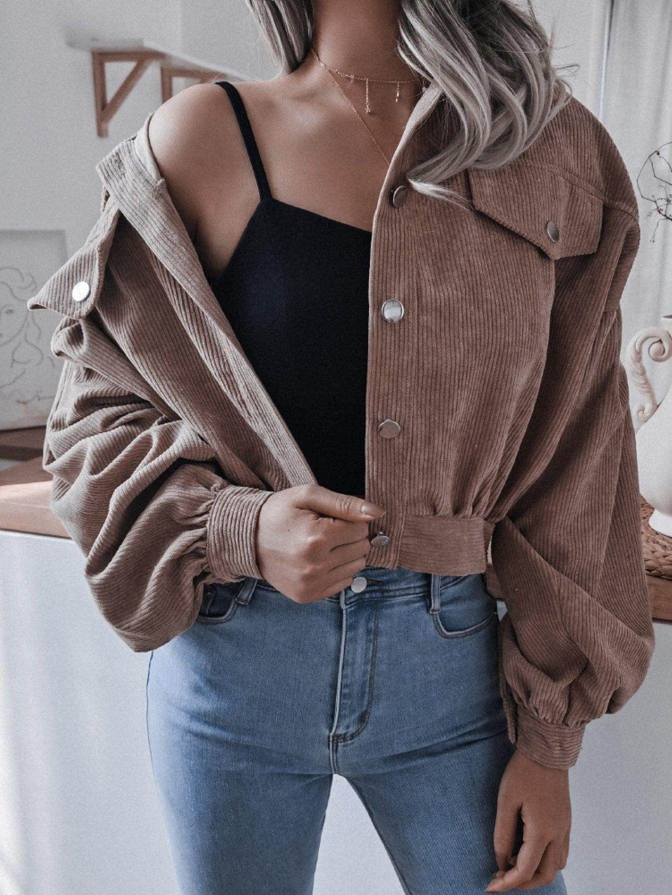 Lantern Sleeve Cropped Corduroy Jacket for Stylish Comfort - Selvanelle