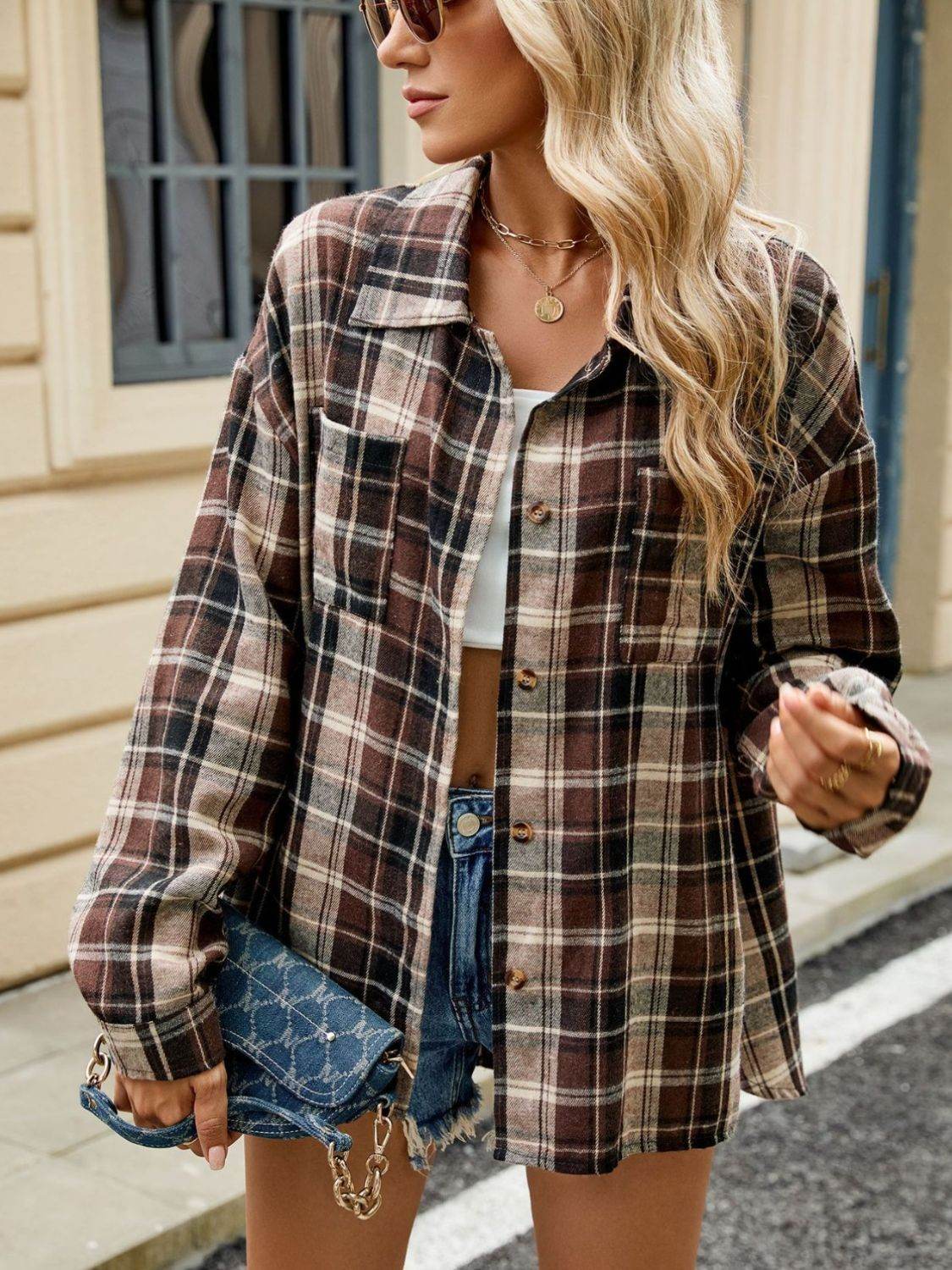 Plaid Collared Neck Long Sleeve Shirt - Selvanelle