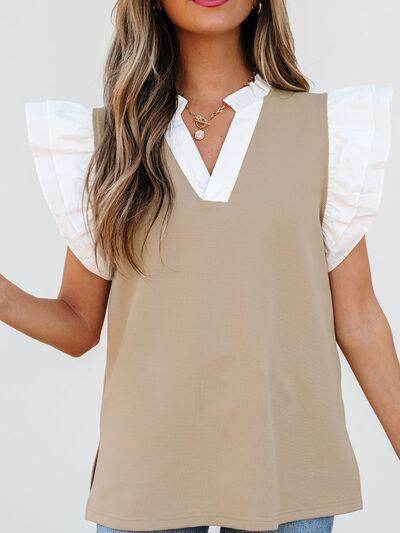 Ruffled Notched Cap Sleeve Top for Women in Various Sizes - Selvanelle