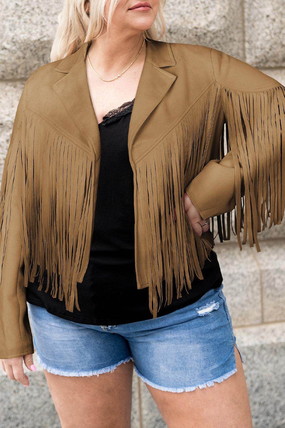 Plus Size Fringe Open Front Jacket for Stylish Layering - Selvanelle