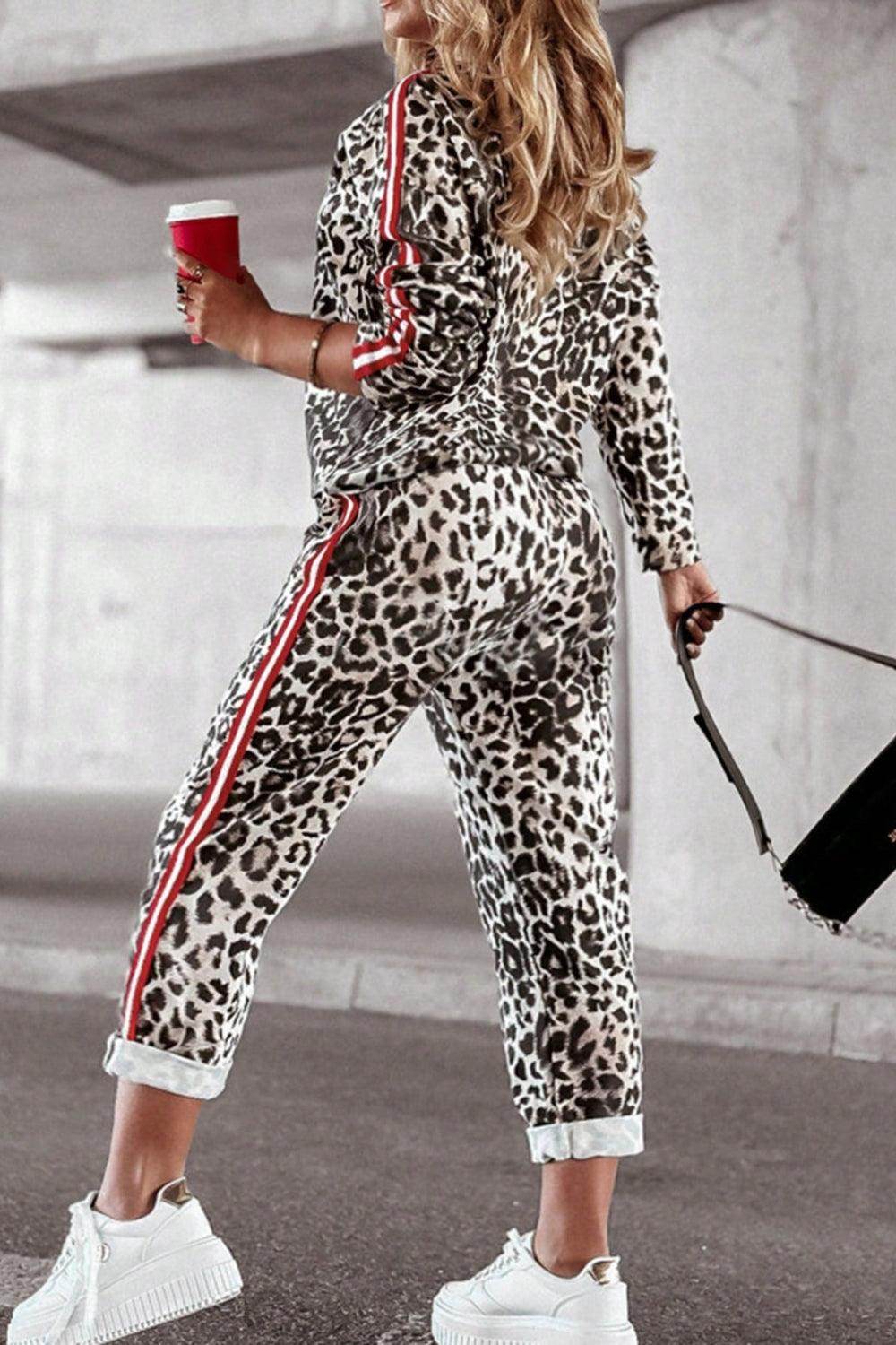 Plus Size Leopard Round Neck Top and Pants Set for Women - Selvanelle