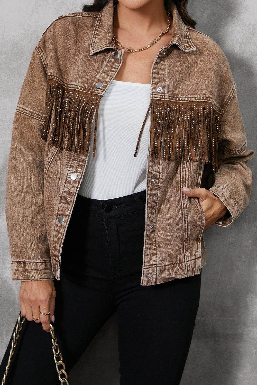 Fringe Trim Snap Down Denim Jacket for Stylish Casual Wear - Selvanelle