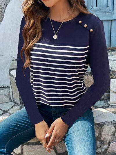 Decorative Button Striped Round Neck Long Sleeve T-Shirt - Selvanelle