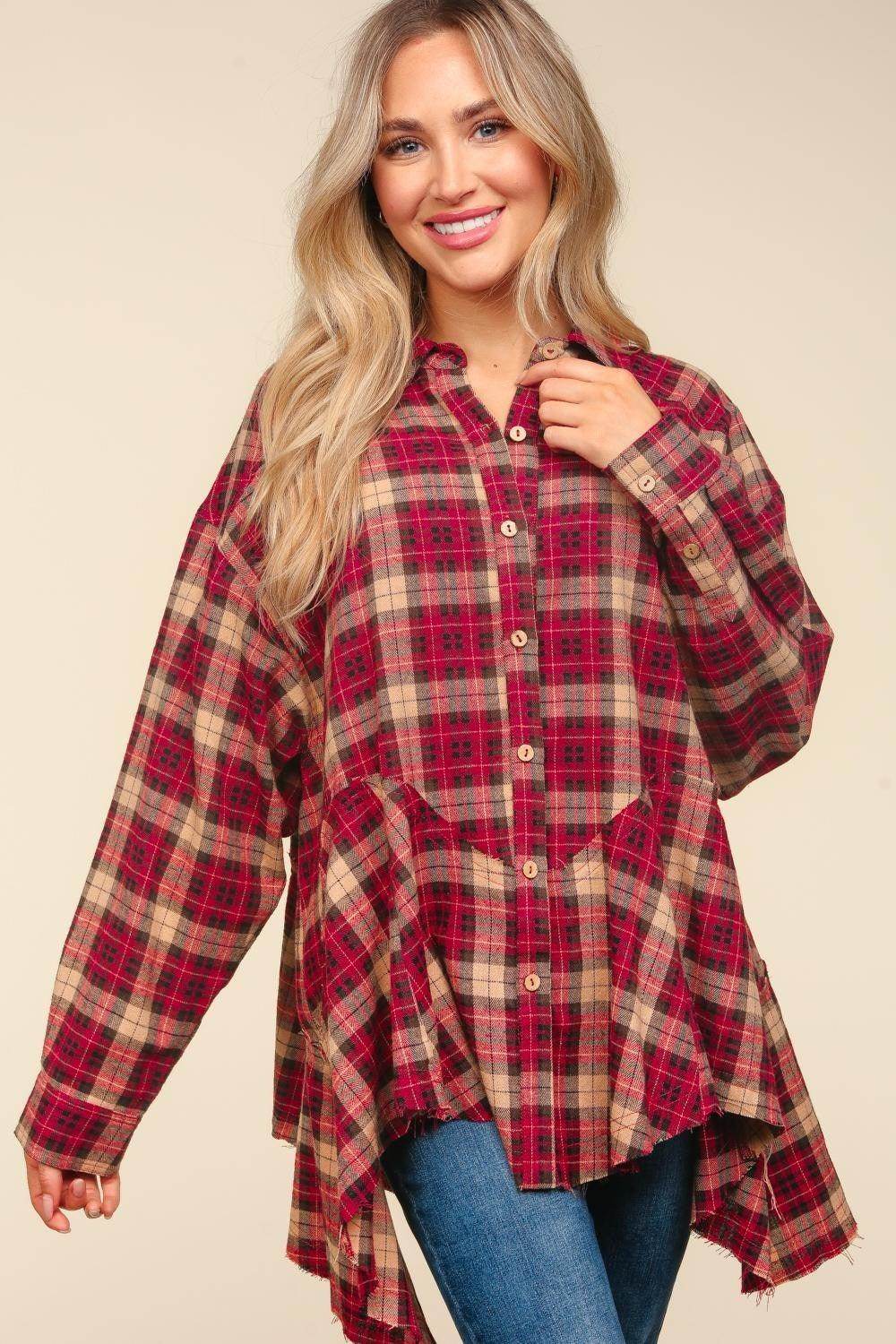 Haptics Plaid Button Down Sharkbite Shirt for Stylish Outfits - Selvanelle