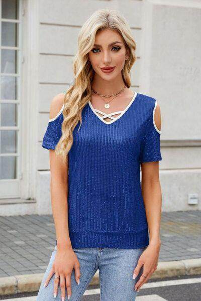 Sequin Cold Shoulder Short Sleeve Blouse for Women - Selvanelle