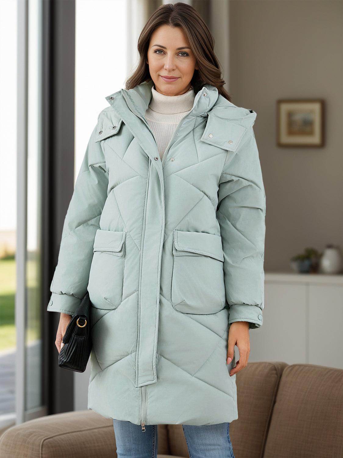 Long Sleeve Longline Hooded Winter Coat with Pockets - Selvanelle