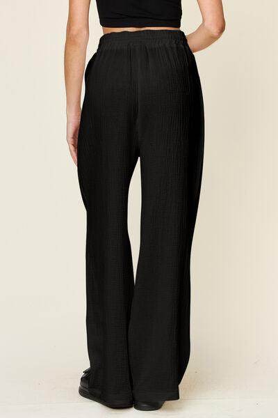Double Take Full Size Texture Drawstring Wide Leg Pants - Selvanelle