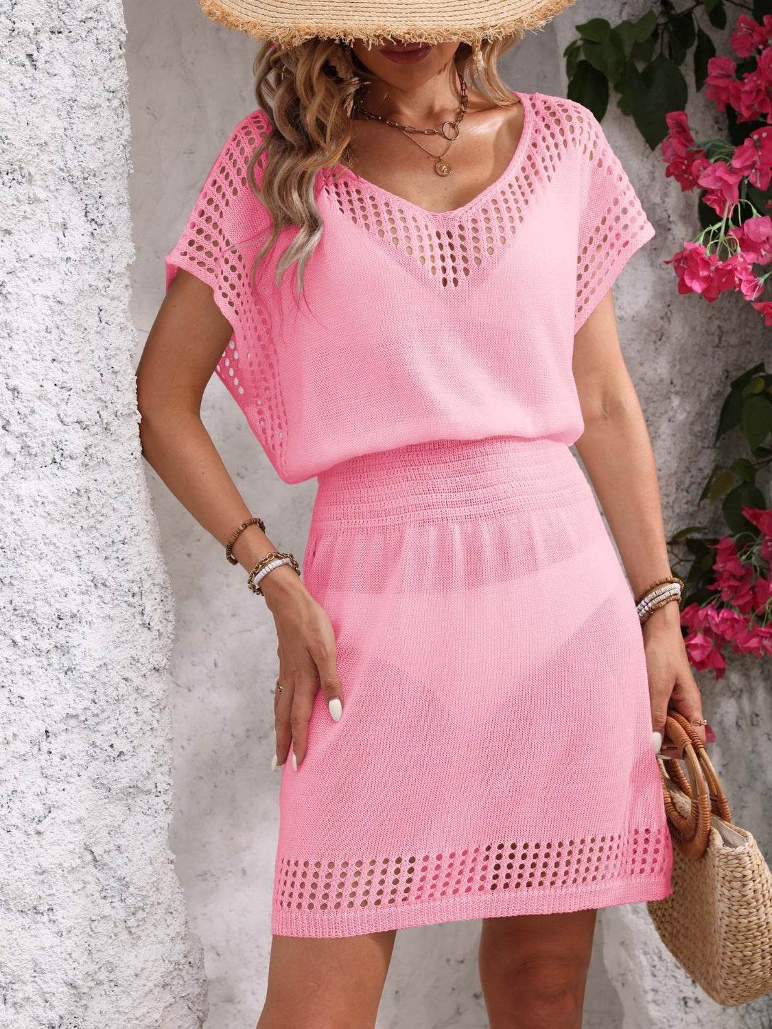 Openwork V-Neck Short Sleeve Cover-Up Dress - Selvanelle