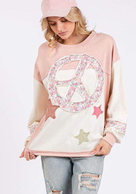 SAGE + FIG Peace & Star Patch Contrast Round Neck Sweatshirt - Selvanelle