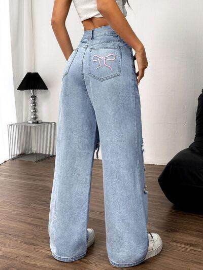 Distressed Wide Leg Jeans with Pockets for Women - Selvanelle