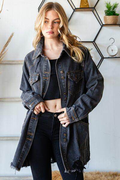 Veveret Button Up Distressed Frayed Hem Denim Jacket for Women - Selvanelle