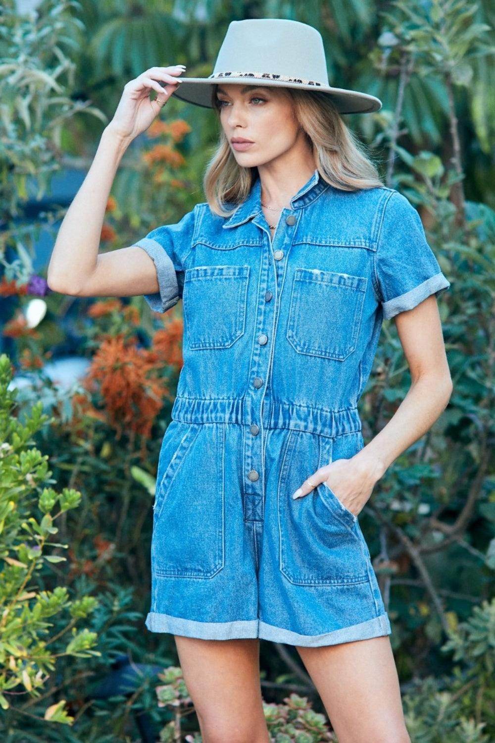 Veveret Elastic Waistband Denim Romper for Stylish Comfort - Selvanelle