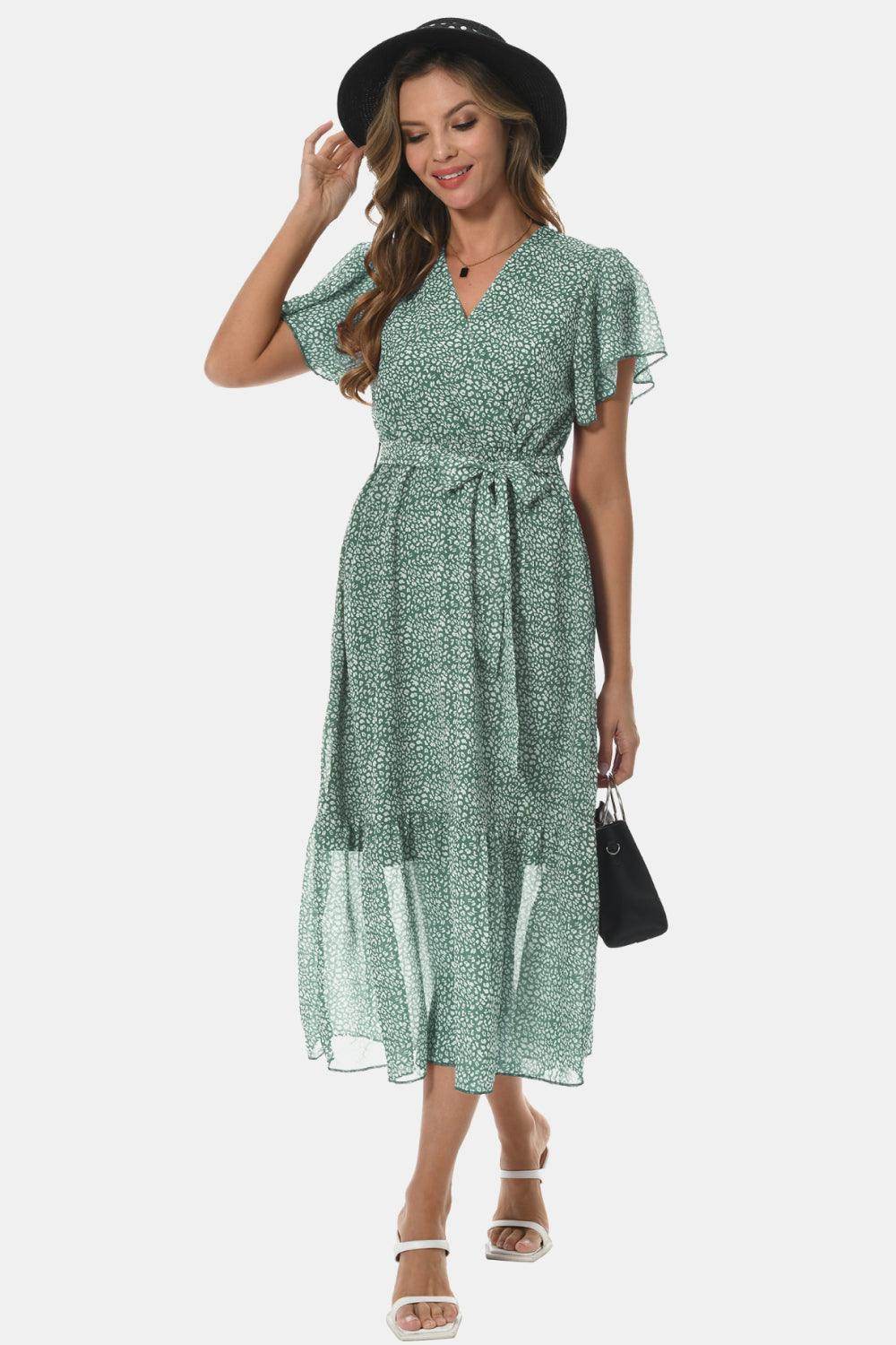 Surplice Neck Flutter Sleeve Tied Dress for Chic Style - Selvanelle