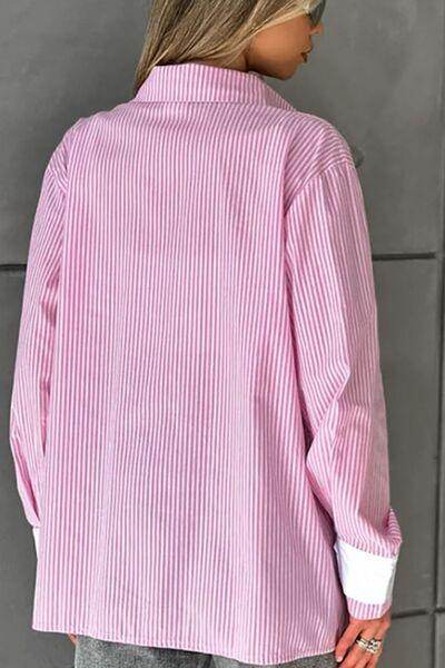 Striped Collared Neck Long Sleeve Shirt for Stylish Comfort - Selvanelle
