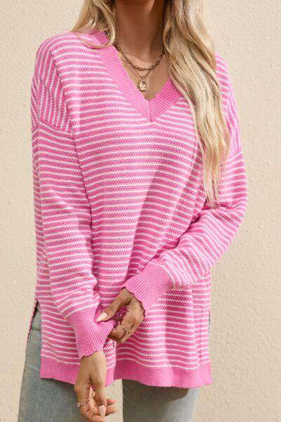 Striped V-Neck Dropped Shoulder Sweater for Women - Selvanelle