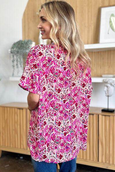 Double Take Full Size Printed V-Neck Short Sleeve Blouse - Selvanelle