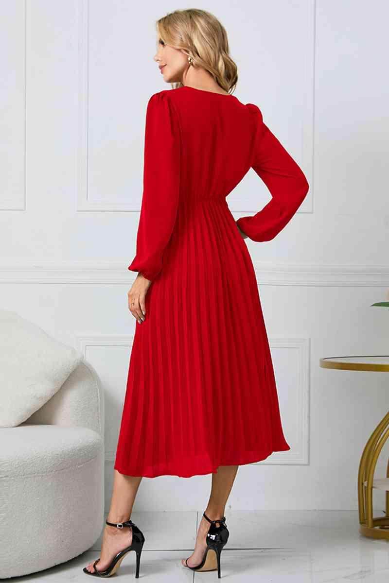 V-Neck Long Sleeve Tie Waist Midi Dress for Women - Selvanelle