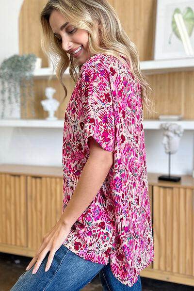 Double Take Full Size Printed V-Neck Short Sleeve Blouse - Selvanelle