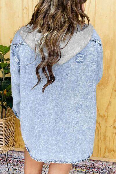 Distressed Button Up Long Sleeve Denim Jacket for Women - Selvanelle